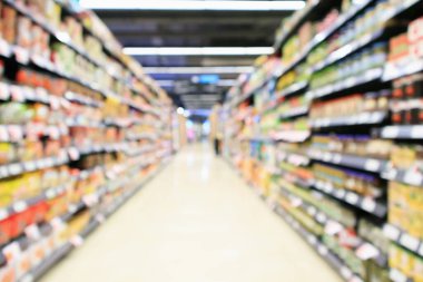 süpermarket koridoru ürün raflarıyla dolu soyut bulanık arkaplan