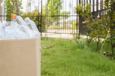 Kahverengi çöp kutusundaki plastik şişeler yeşil çimlerin üzerinde