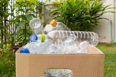 Kahverengi çöp kutusundaki plastik şişeler