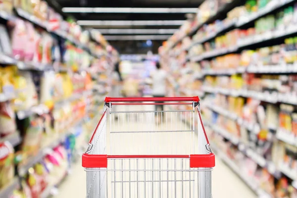 Carrito Compras Vacío Con Desenfoque Abstracto Supermercado Tienda Descuento Pasillo —  Fotos de Stock