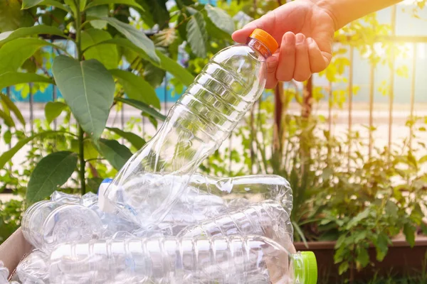 Hand Halten Und Plastikflaschen Braunen Recycling Mülleimer Legen — Stockfoto