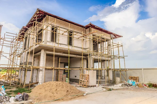 Construction Residential New House Progress Building Site Clouds Blue Sky — Stock Photo, Image