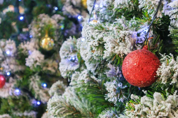 Albero Natale Decorato Con Palla Rossa Sfondo Rami Pino — Foto Stock