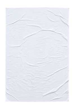 Boş beyaz buruşmuş ve buruşmuş kağıt poster dokusu beyaz arkaplanda izole edilmiş