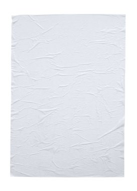 Boş beyaz buruşmuş ve buruşmuş kağıt poster dokusu beyaz arkaplanda izole edilmiş
