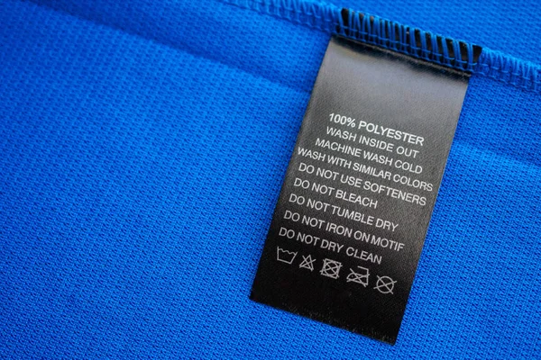 Cuidado Ropa Negro Instrucciones Lavado Etiqueta Ropa Jersey Azul Camisa — Foto de Stock