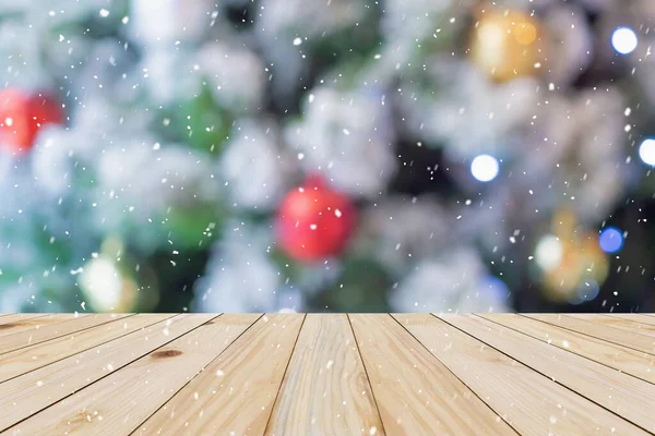 Leere Holztischplatte Mit Abstrakter Unschärfe Weihnachtsbaum Mit Dekoration Bokeh Licht — Stockfoto