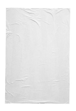 Boş beyaz buruşmuş ve buruşmuş kağıt poster dokusu beyaz arkaplanda izole edilmiş