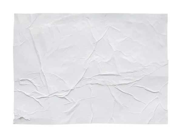 Üres Fehér Gyűrött Gyűrött Matrica Papír Poszter Textúra Elszigetelt Fehér — Stock Fotó