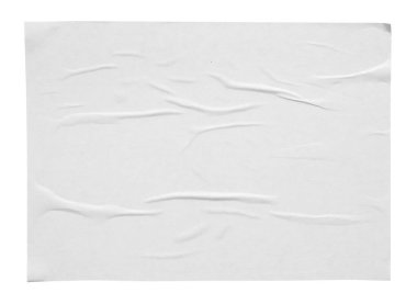 Boş beyaz buruşmuş ve buruşmuş kağıt yapıştırması veya beyaz arkaplanda izole edilmiş poster dokusu