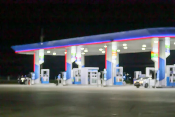Gasolinera Por Noche Fondo Borroso Con Luz Bokeh — Foto de Stock