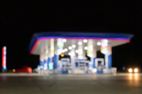 Petrol Gas Station Night Time Blurred Background Bokeh Light — Stock Photo, Image