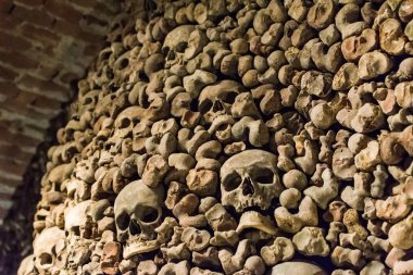 Gerçek insan kafataslarından oluşan bir duvar iskelet kemiklerin gömüldüğü yer, korkunç ve ürpertici bir ölüm atmosferi.