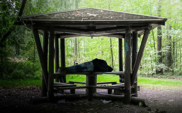 Hombre Sin Hogar Con Alcohol Durmiendo Una Choza Forestal Abandonada — Foto de Stock