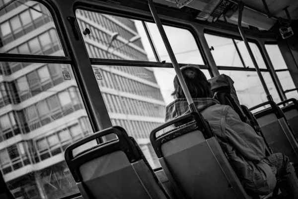 Homeless Man Rides Old Tram Looks Architecture Out Scratched Window — Stock Photo, Image