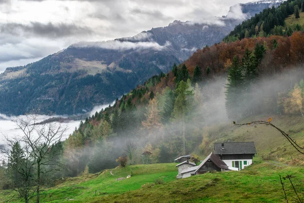 Foggy Misty Autumn Mountain Landscape Little Cottage Swiss Alps — Stock Photo, Image
