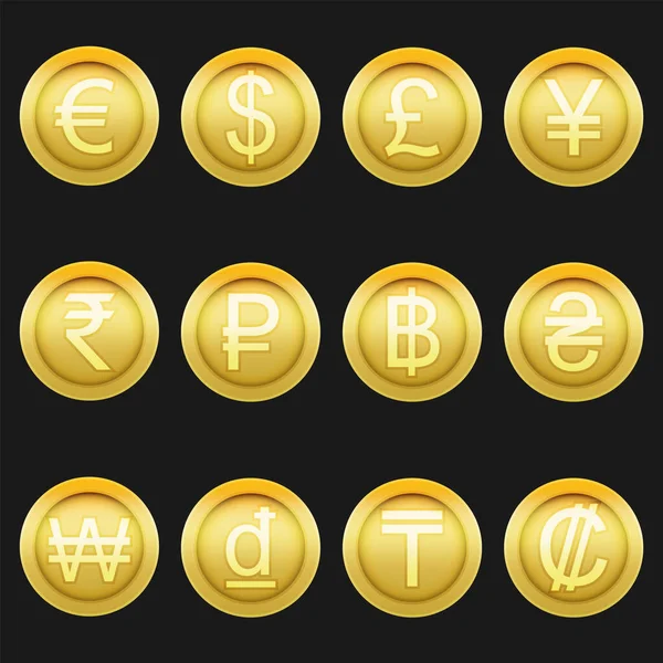 Moneda Monedas Símbolos Iconos Brillante Conjunto Oro Metálico Conjunto Símbolos — Archivo Imágenes Vectoriales
