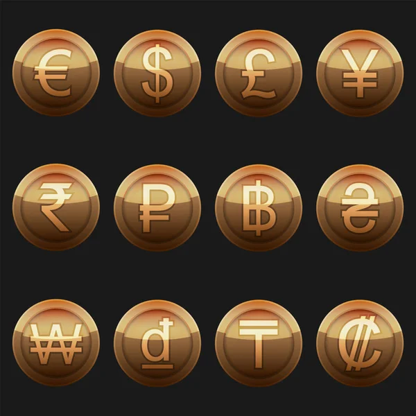 Měnové Mince Symboly Ikony Kovový Bronz Zvýrazněním Set Sada Měnových — Stockový vektor