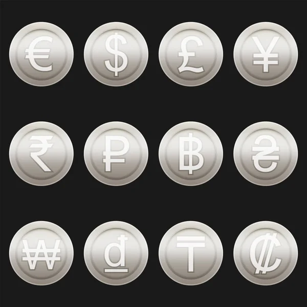 Moneda Monedas Símbolos Iconos Brillante Platino Metálico Conjunto Conjunto Símbolos — Archivo Imágenes Vectoriales