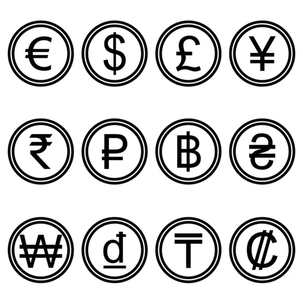 Conjunto Símbolos Moneda Simple Color Blanco Negro Conjunto Símbolos Moneda — Archivo Imágenes Vectoriales