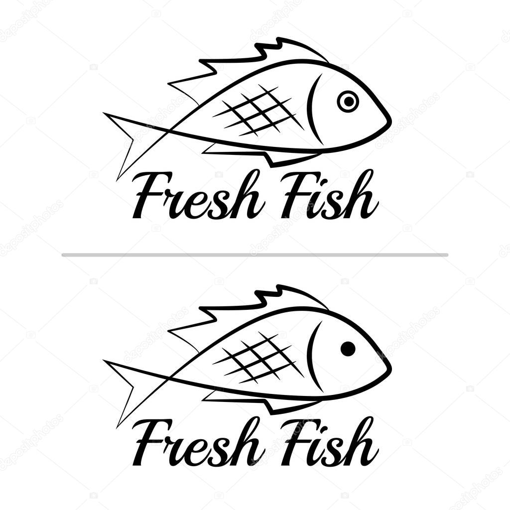 Fresh fish logo symbol icon sign simple black colored set 5. A set of two fish logos, black, sketch style, minimalist with a sample text.