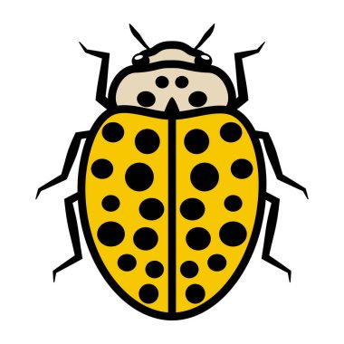 Uğurböceği logosu simgesi simgesi yirmi iki siyah nokta. Bir uğur böceği çizimi, izole edilmiş, çoğunlukla siyah ve sarı renkli, basit tarzda, özetlenmiş..