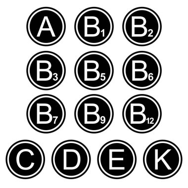 Vitamin sembolleri simgeleri basit siyah beyaz seti işaret eder. Bir dizi vitamin ikonu, düz, siyah ve beyaz (çoğunlukla siyah)).