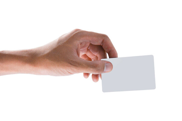The hand holding a blank card isolated on white background,Clipping path Included.