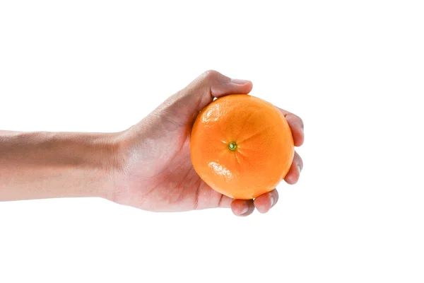 Handen Håller Orange Frukt Isolerad Vit Bakgrund Klippbana Ingår — Stockfoto