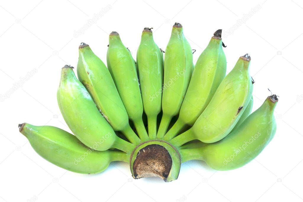 Green cultivated banana on white background.