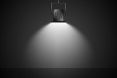 Beyaz spot ışıkları karanlık bir duvarda parlıyor, ürünü öne çıkarmak için arka plan..