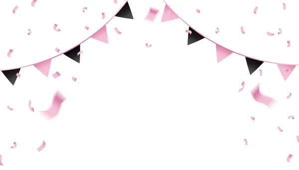 お祝いのピンクのコンフェッティとペナントフラグ — ストックベクタ