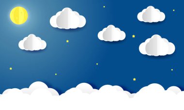 Gökyüzünün kağıt sanatı Bulutlar ve gece ay, Vektör ve İllüstrasyon.