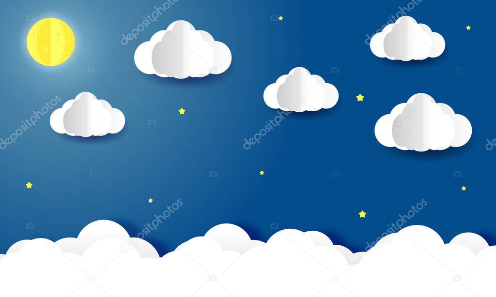 Paper art of the sky with clouds and moon at night,Vector and Illustration.