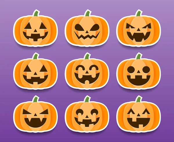Zestaw Naklejek Dynie Halloween Kreskówki Wektor Ilustracja — Wektor stockowy