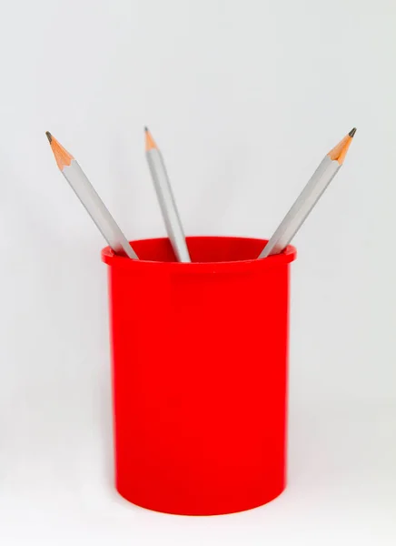 Red Plastic Pencil Holder Pencils School Student Materia — Stock Photo, Image