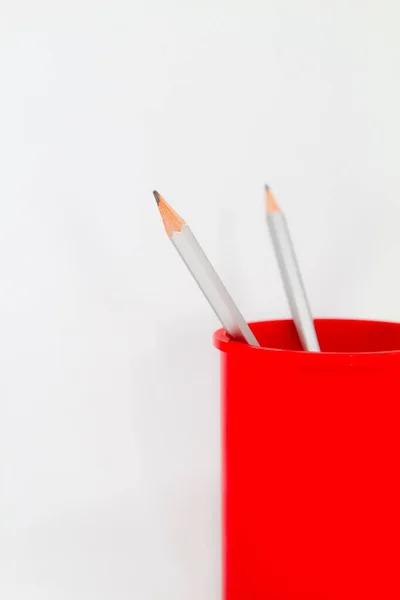 Red Plastic Pencil Holder Pencils School Student Material — Stock Photo, Image