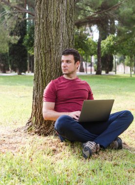 Yetişkinler parkta dizüstü bilgisayarla çalışıyor. Serbest Çalışan