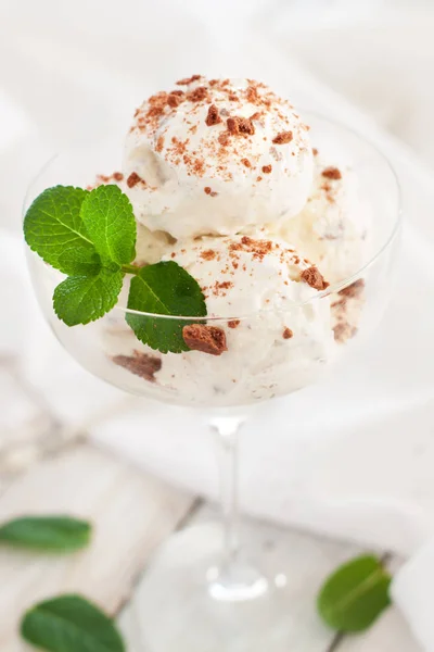 Portion Speiseeis Mit Schokoladenchips Und Minze — Stockfoto