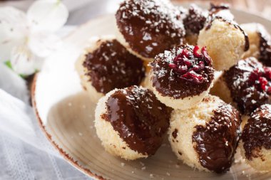 Çikolataya ve kurutulmuş cranberries ile dekore edilmiş lezzetli Hindistan cevizi çerezleri topları