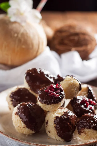 Utsökta Kokosbollar Cookies Doppade Choklad Och Dekorerade Med Torkade Tranbär — Stockfoto