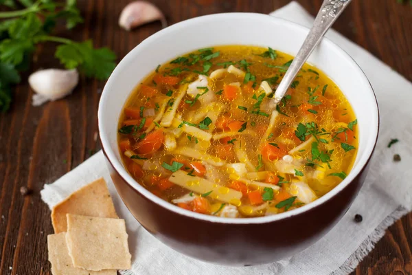 Sopa Pollo Casera Con Fideos Cebolla Apio Zanahorias Decorada Con —  Fotos de Stock