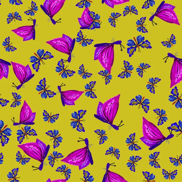 Nahtloser Vektorhintergrund Mit Rosa Schmetterlingen Mit Blauen Schmetterlingen — Stockvektor