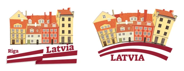 Vector illustration of latvian national and traditional architecture, flag, building, cultural heritage, sightseeing object, ethnic house and symbol. — Stock Vector