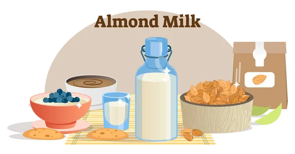 Illustrazione vettoriale con latte di mandorla. Tavolo con caffè, vetro e bottiglia di latte, mandorle crude e biscotti. Simbolo sano, naturale, vegano e senza lattosio . — Vettoriale Stock