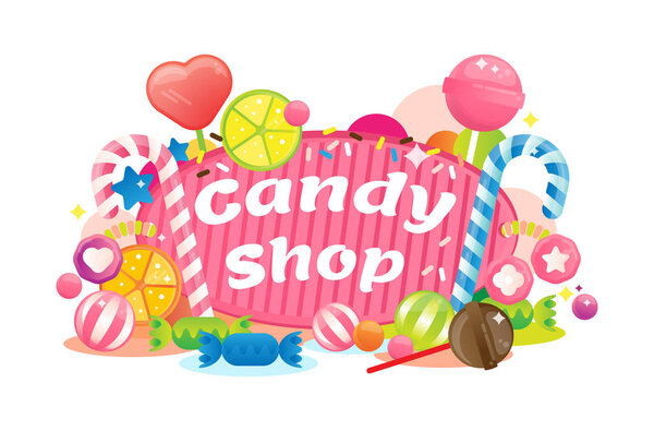 Vector illustration with colorful candy shop sign. Animated candy cane, sweets, lollipop, desert and cute snacks. Festive, holidays and birthday feeling icon.