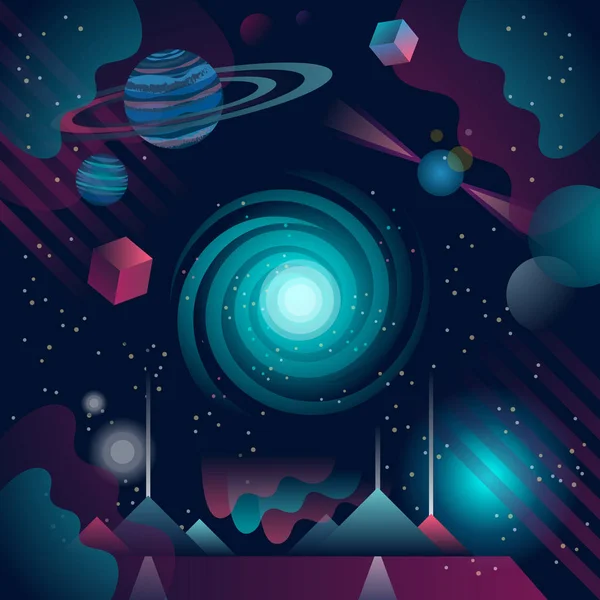 Vector illustration of futuristic and abstract cosmos background. Blue and purple universe with planets, stars and square space objects and pyramid signal to space. — Stock Vector