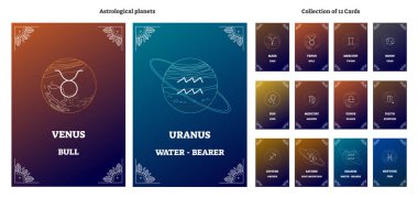 Astrolojik gezegenler ve karşılık gelen Zodyak simgeleri etiketleri ile oturum açın. Vektör burç kartları koleksiyonu resimli. Ezoterik evren Astroloji sistem bilim.
