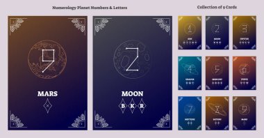 Güneş sistemi gezegenler ve astrolojik numaraları harflerle grafik ile. Antik, ezoterik evren rakam bilim vektör çizim.