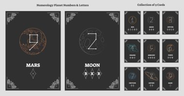 Güneş sistemi gezegenler ve astrolojik numaraları harflerle grafik ile. Antik, ezoterik evren rakam bilim vektör çizim.